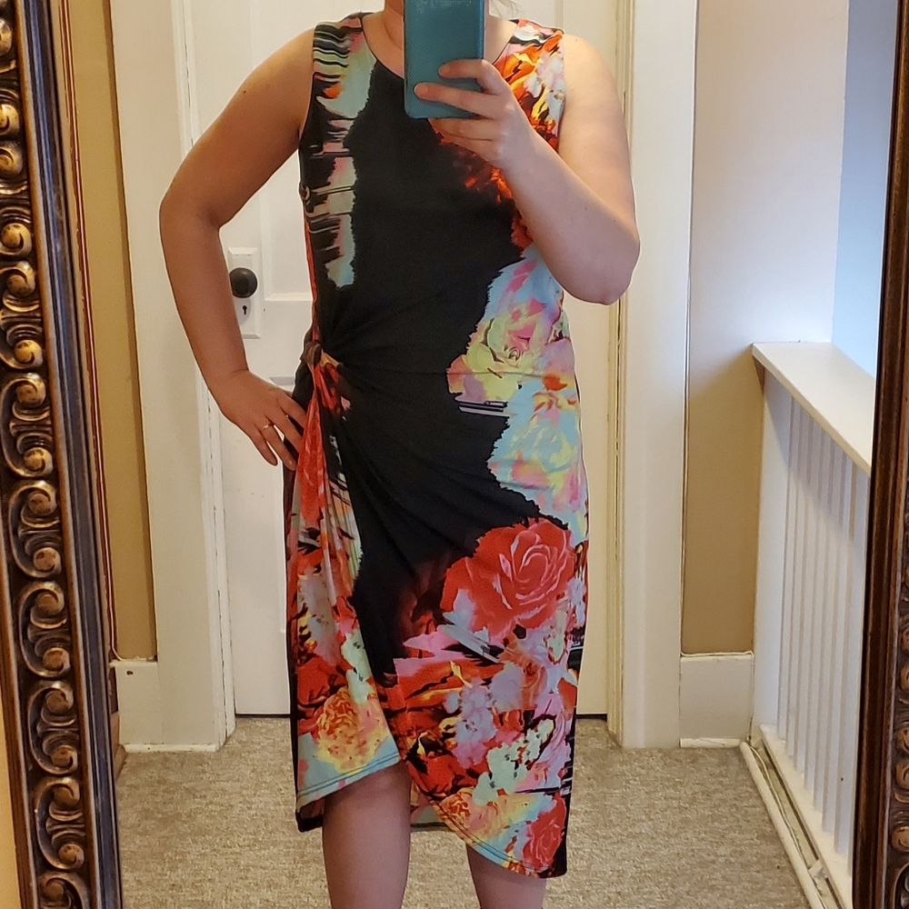 Teaberry Rose Wrap Dress Medium Stretchy Sleeveless Fitted Lined Floral